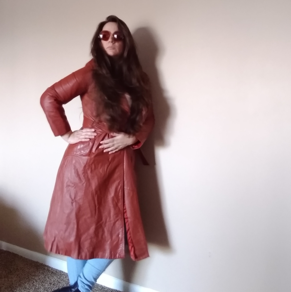 Vintage Leather Trench Coat Open Tie Close Burnt Orange by P.B.D. International - Picture 13 of 14